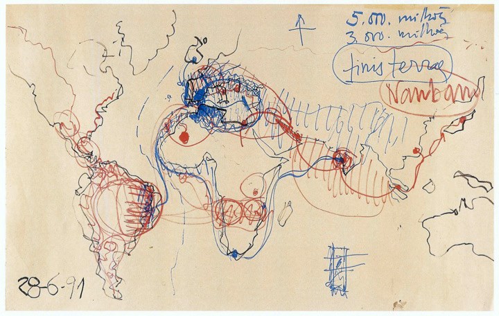 Mapa mundi com as viagens dos portugueses, desenho de Fernando Távora (1991)