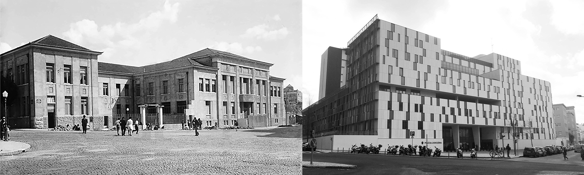 Rua Gomes Freire, Lisboa: à esquerda, “Escola Superior de Medicina Veterinária”, 1932; à direita, Direcção Nacional da Polícia Judiciária, 2017.
Fontes: Arquivo Municipal de Lisboa, Biblioteca de Arte-Fundação Calouste Gulbenkian, Faculdade de Medicina Veterinária e autora