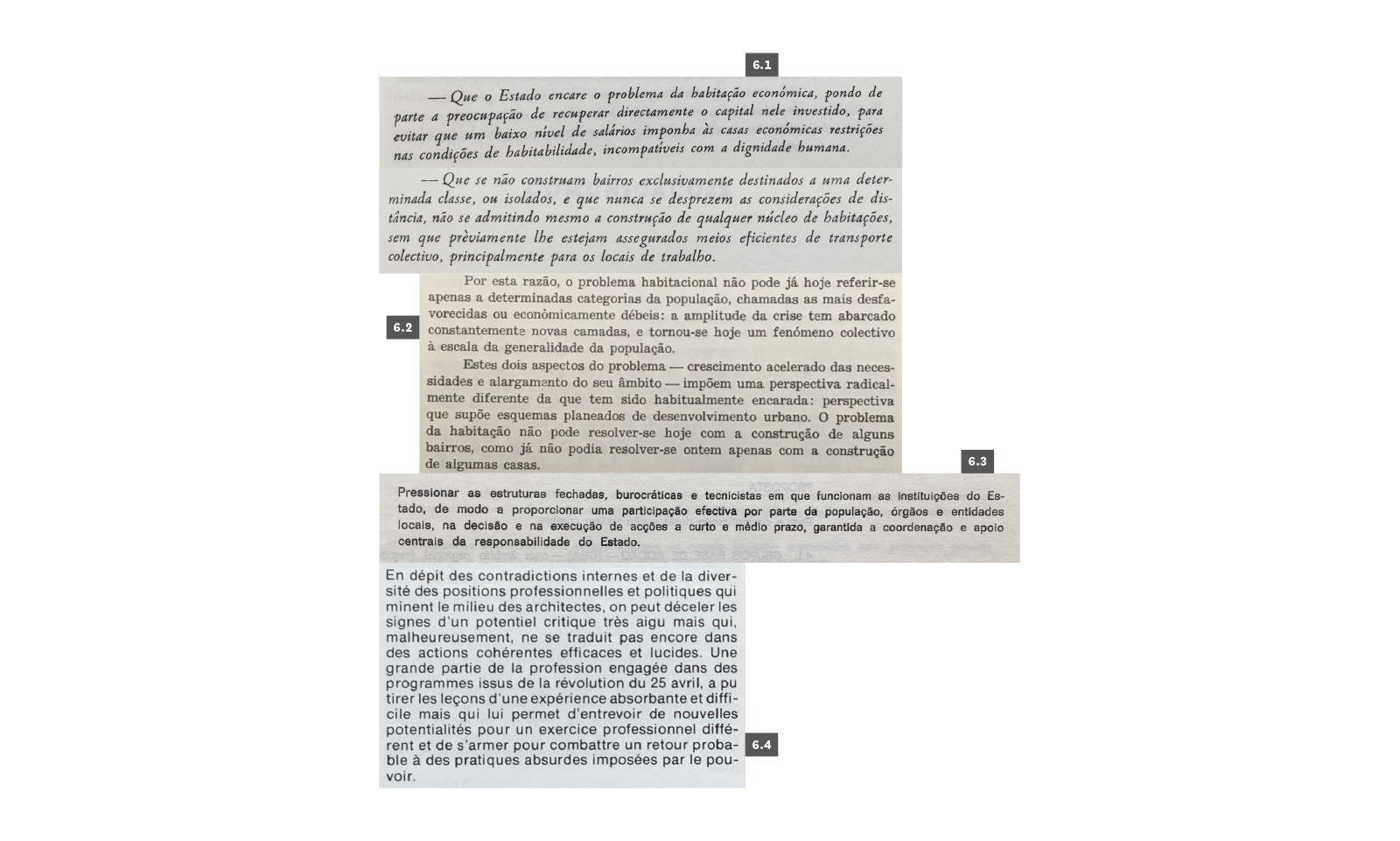 HABITAÇÃO
6.1 AAVV, “Conclusões e votos”, 1º Congresso Nacional de Arquitectura, Porto, Sindicato Nacional dos Arquitectos, 1948, p. LXIII e LXV. 6.2 Pereira, Nuno Teotónio, “Habitações para o maior número”, Colóquio de Urbanismo, Funchal, Câmara Municipal do Funchal, 1969, p. 90. 6.3 AAVV, “Programa para uma acção imediata no sector do equipamento social e do ambiente”, Livro Branco do SAAL 1974-1976, Conselho Nacional do SAAL, 1976, p. 59. 6.4 Ferreira, Raul Hestnes, “Le 25 Avril 1974... et les architectes”, L’Architecture d’Aujourd’Hui #185 - Portugal, Paris, 1976, p. 59.