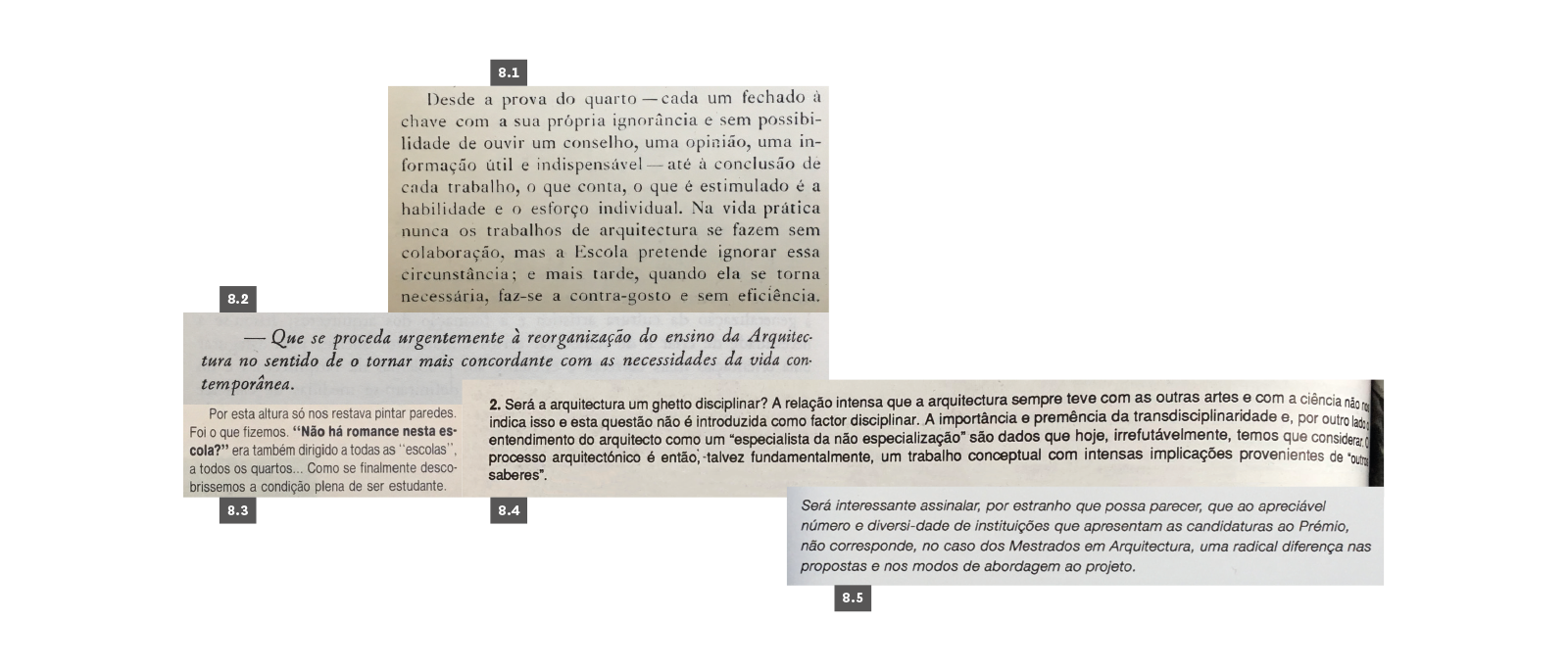 ENSINO
8.1 Amaral, Keil do, “Maleitas da arquitectura nacional: A formação do arquitecto”, Arquitectura #17/18, Lisboa, 1947, p. 25. 8.2 AAVV, “Conclusões e votos”, 1.º Congresso Nacional de Arquitectura, Porto, Sindicato Nacional dos Arquitectos, 1948, p. LX. 8.3 Ferreira, Jorge Figueira, “Editorial”, Unidade #1, Porto, DD-AEFAUP, 1988, p. 3. 8.4 Dez Indivíduos, “Ousar, Experimentar”, Unidade #2, Porto, DD-AEFAUP, 1989, p. 58. 8.5 Santa-Rita, João, “Prefácio”, Archiprix Portugal 2013-2018: Retrato do Ensino em Portugal, Lisboa, Archiprix Portugal/Fundação Serra Henriques, 2019, p. 3.