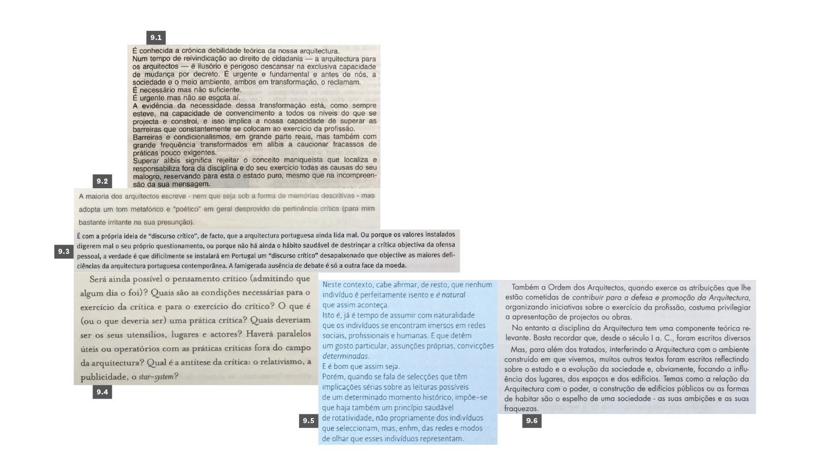 CRÍTICA
9.1 Byrne, Gonçalo, “A fundamentação teórica”, J—A #49, AAP, 1986, p. 3. 9.2 Gomes, Paulo Varela, “Tomar partido”, J—A #138/139, AAP, 1990, p. 19. 9.3 Gadanho, Pedro, “Corte transversal ou a ausência do discurso critico na arquitectura portuguesa do final dos anos 90”, Fernandes, Fátima & Cannatá, Michele (coord.), Arquitectura Portuguesa Contemporânea 1991-2001, Porto, Edições Asa, 2000, p. 64. 9.4 Grande, Nuno; Figueira, Jorge & Nacher, Yves, “Abertura: Situação-Crítica: Apresentação pelo Comissariado”, J—A # 211 – Situação Crítica, Ordem dos Arquitectos, 2003, p. 6. 9.5 Gadanho, Pedro (coord.), “Habitar Portugal ou como construir uma selecção nacional”, Habitar Portugal 2006-2008, Lisboa, Ordem dos Arquitectos/Caleidoscópio, 2009, p. 21. 9.6 Gomes, Leonor Cintra, “Introdução”, Rodrigues, José Manuel (coord.), Teoria e Crítica de Arquitectura: Século XX, Lisboa, Ordem dos Arquitectos/Caleidoscópio, 2010, p. 5.